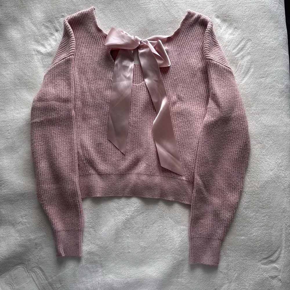 Off-the-Shoulder Pink Knit Sweater with Satin Back Bow
